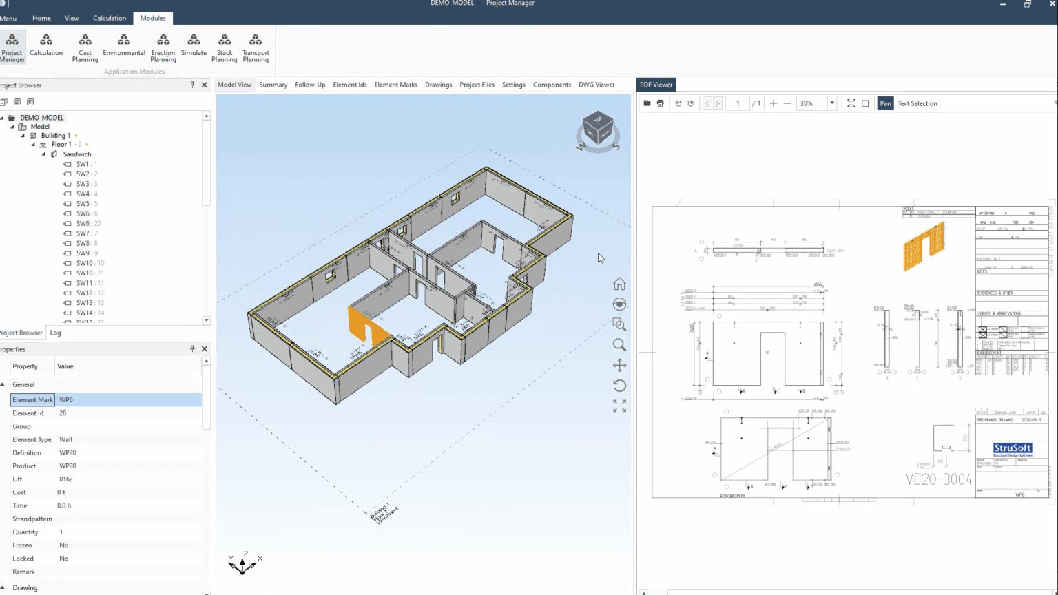 Precast Muur Design – automatisch gegenereerde werktekening uit het 3D-model.