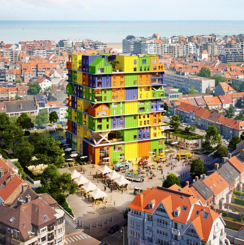 Prefab beton aangeleverd bij een kleurrijk hoogbouwproject.