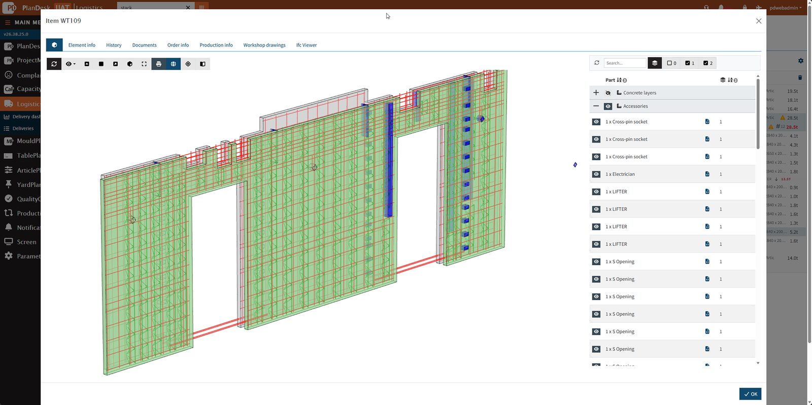 PlanDesk QControl. Op elk moment, op elke plaats alle informatie beschikbaar over het element door een simpele scan. In 2D met duidelijk leesbare afmetingen of in 3D om een duidelijk beeld te krijgen met alle info over instortvoorzieningen.